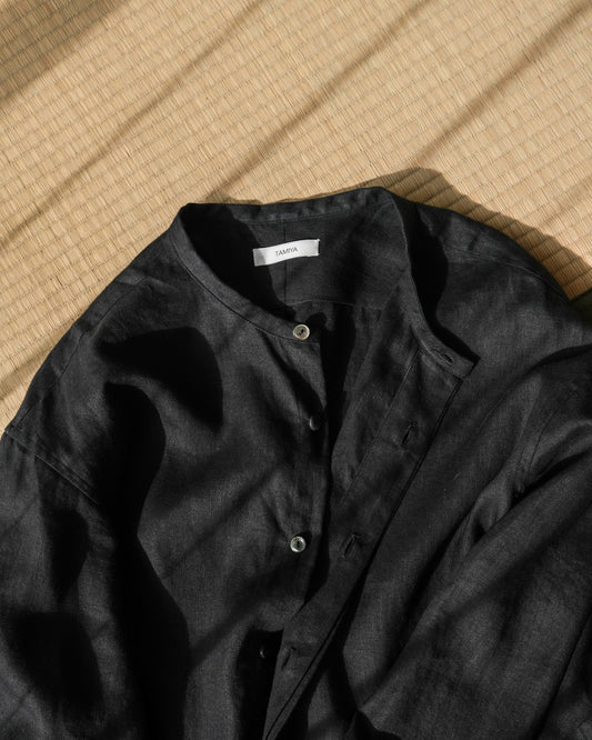 Ante black linen リネンノーカラーシャツ